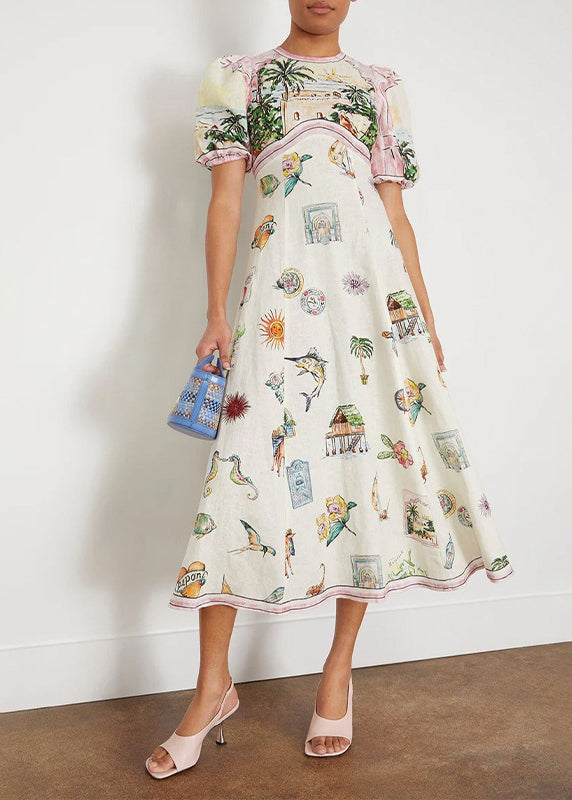 White O-neck Puff Sleeve Print Maxi Dresses