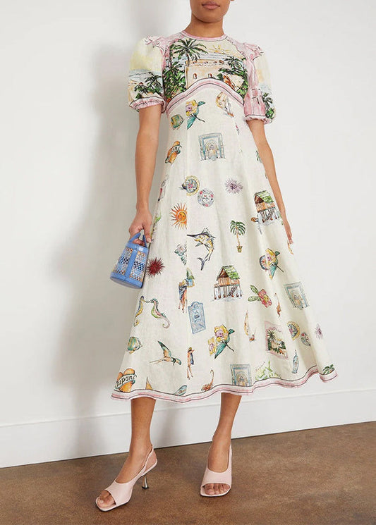 White O-neck Puff Sleeve Print Maxi Dresses