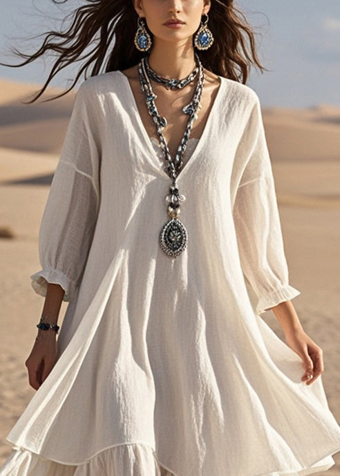 White Oversized Patchwork Cotton Maxi Dresses Bracelet Sleeve