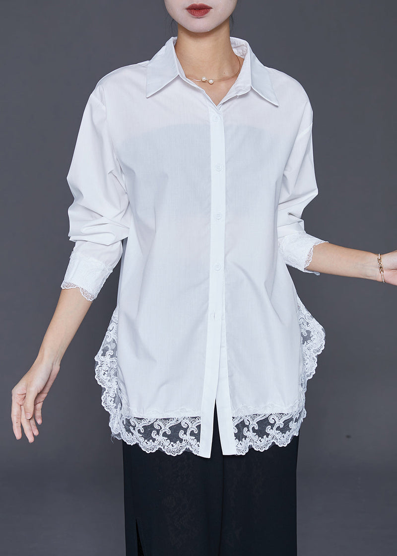 White Oversized Patchwork Lace Cotton Shirt Fall