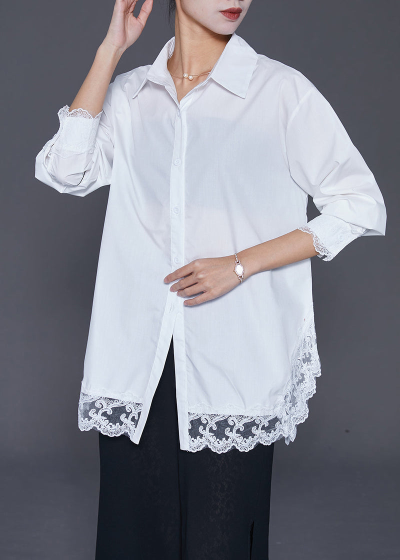 White Oversized Patchwork Lace Cotton Shirt Fall