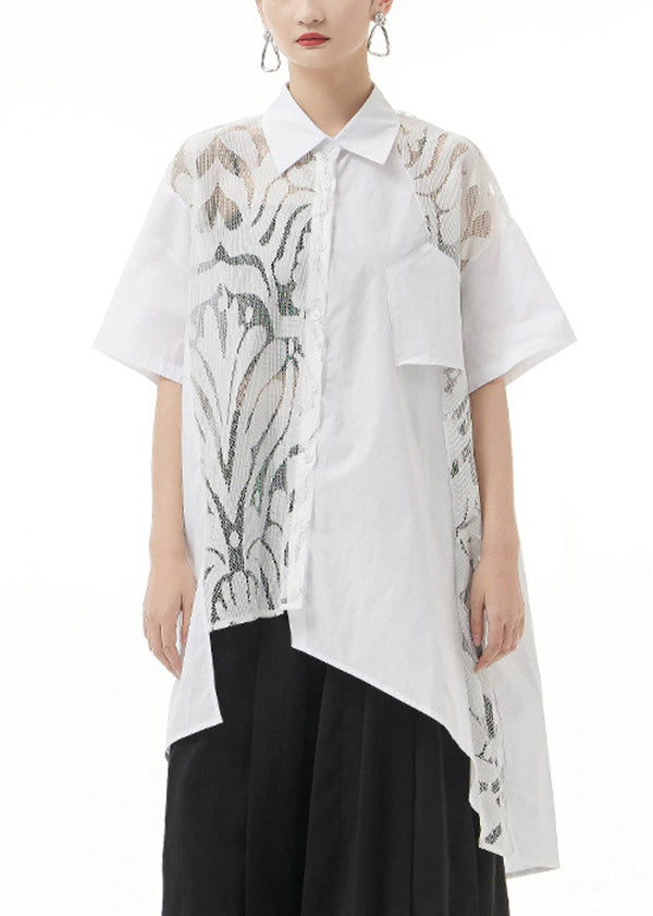 White Peter Pan Collar Lace Patchwork Shirt Tops Short Sleeve