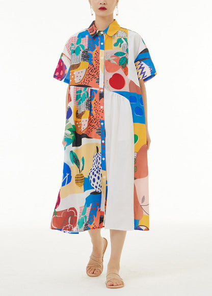 White Peter Pan Collar Print Button Cotton Long Shirt Dress Short Sleeve