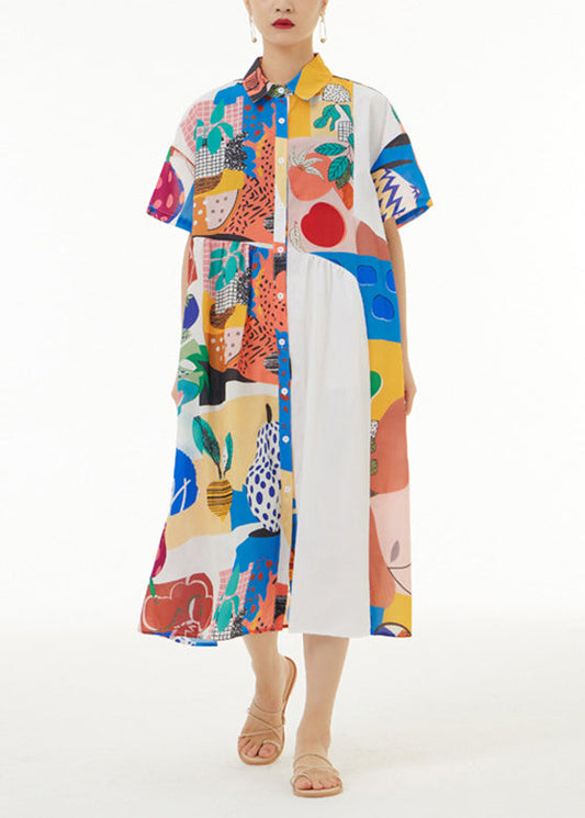 White Peter Pan Collar Print Button Cotton Long Shirt Dress Short Sleeve