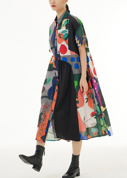 White Peter Pan Collar Print Button Cotton Long Shirt Dress Short Sleeve