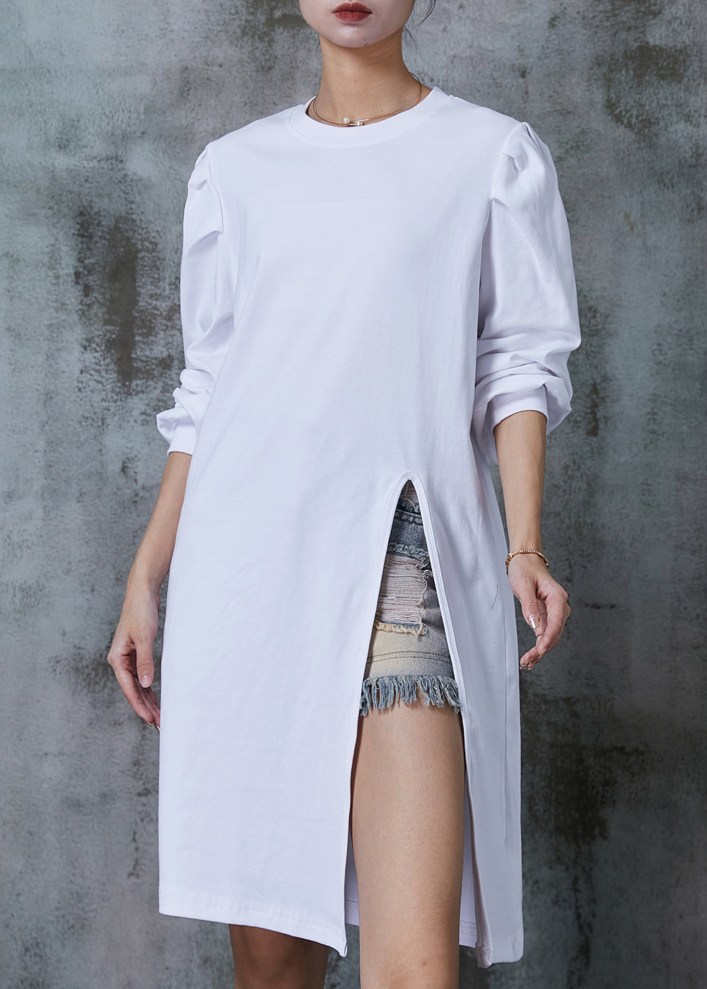 White Puff Sleeve Side Open Cotton Dress Spring