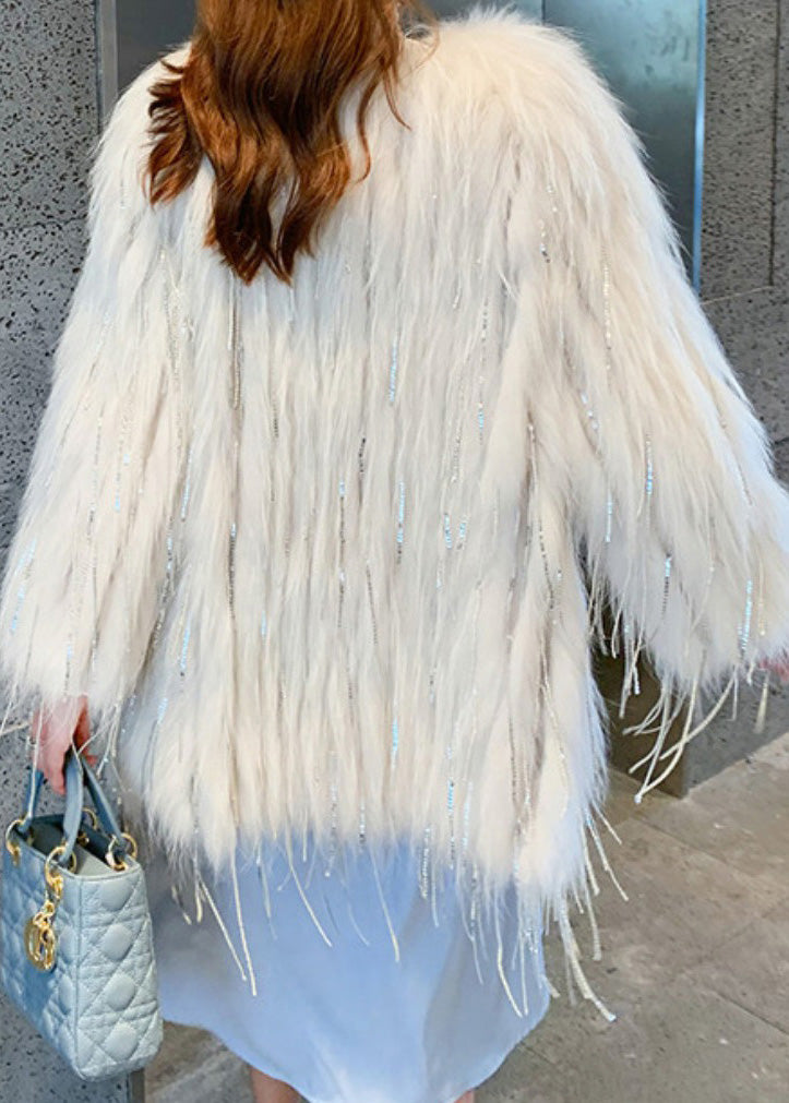White Faux Fur Collar Tassel Leather and Fur Long Coats Winter