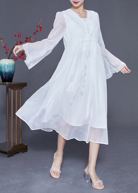 White Ruffled Patchwork Chiffon Holiday Dress Flare Sleeve