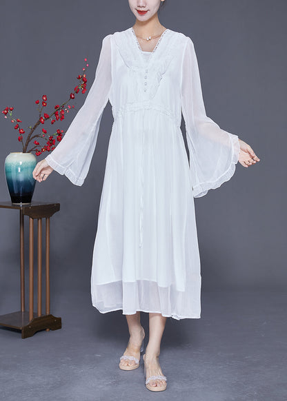 White Ruffled Patchwork Chiffon Holiday Dress Flare Sleeve