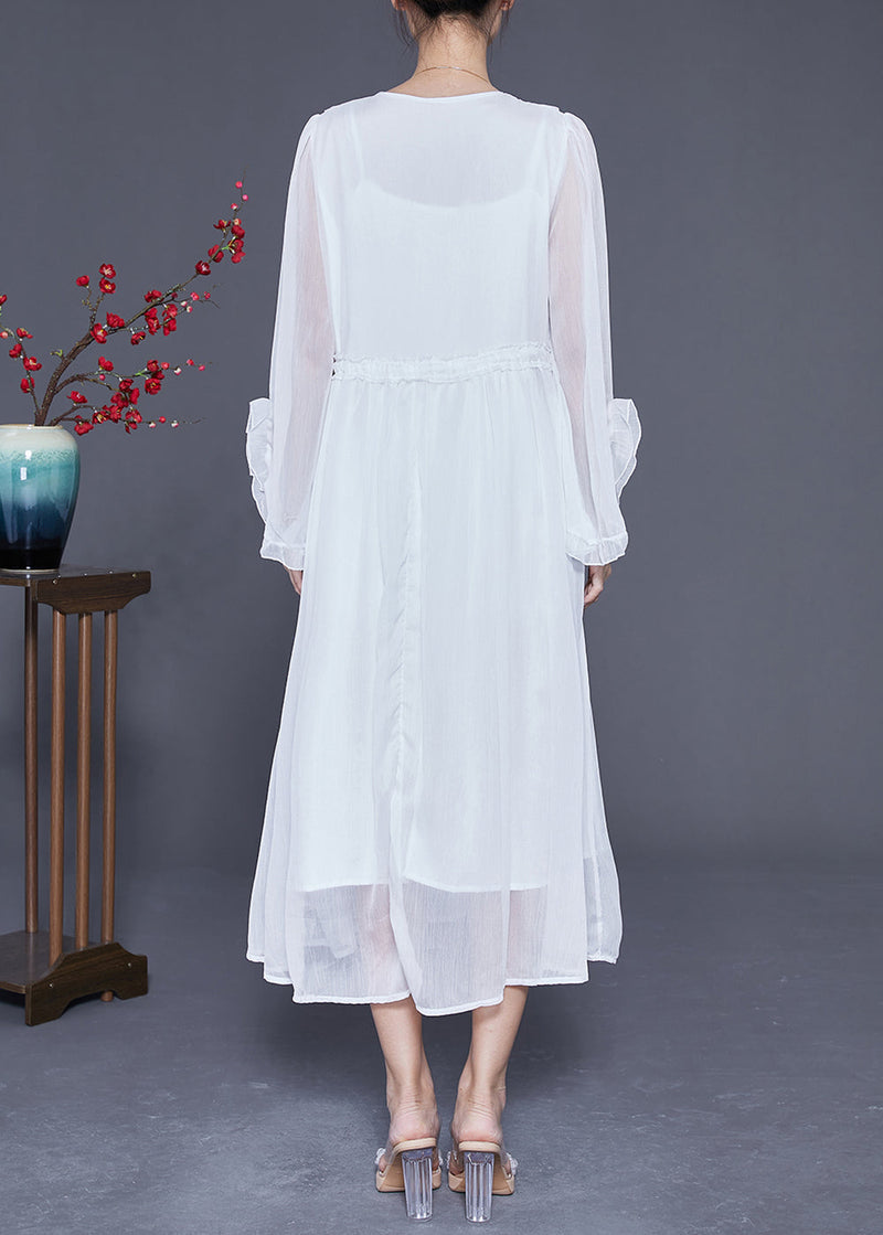 White Ruffled Patchwork Chiffon Holiday Dress Flare Sleeve