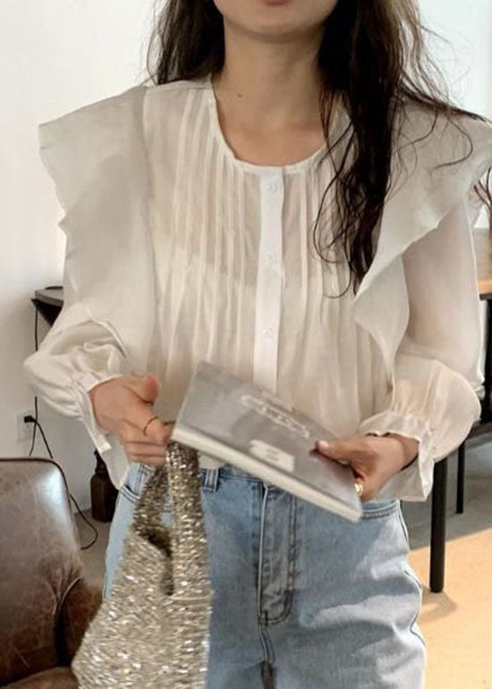 White Ruffled Patchwork Cotton Tops Long Sleeve