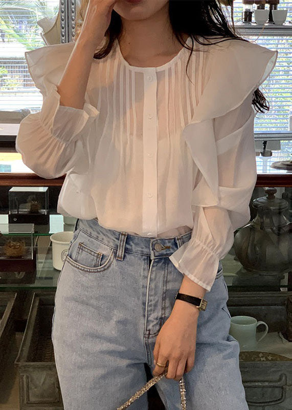 White Ruffled Patchwork Cotton Tops Long Sleeve