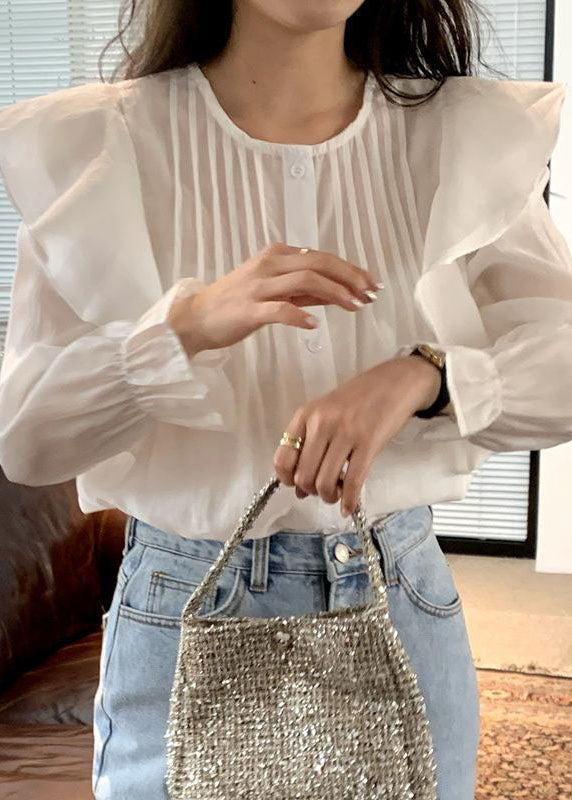 White Ruffled Patchwork Cotton Tops Long Sleeve