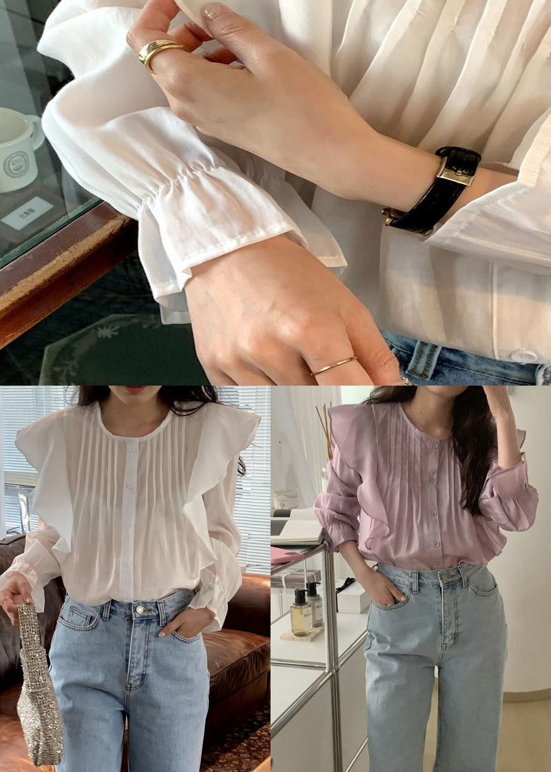 White Ruffled Patchwork Cotton Tops Long Sleeve