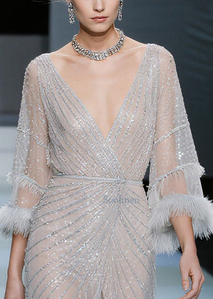 White Sequins Patchwork Faux Fur Tulle Dresses Summer