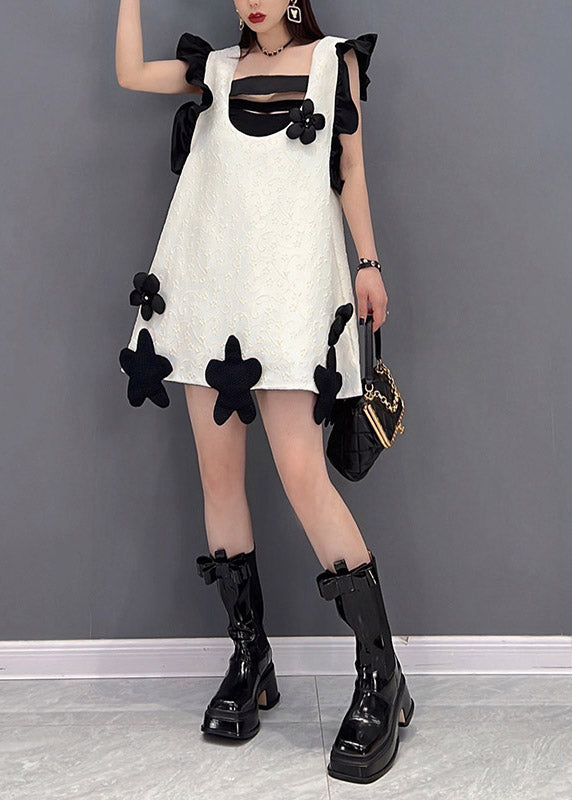 White Slash Neck Ruffles Patchwork Dresses Sleeveless