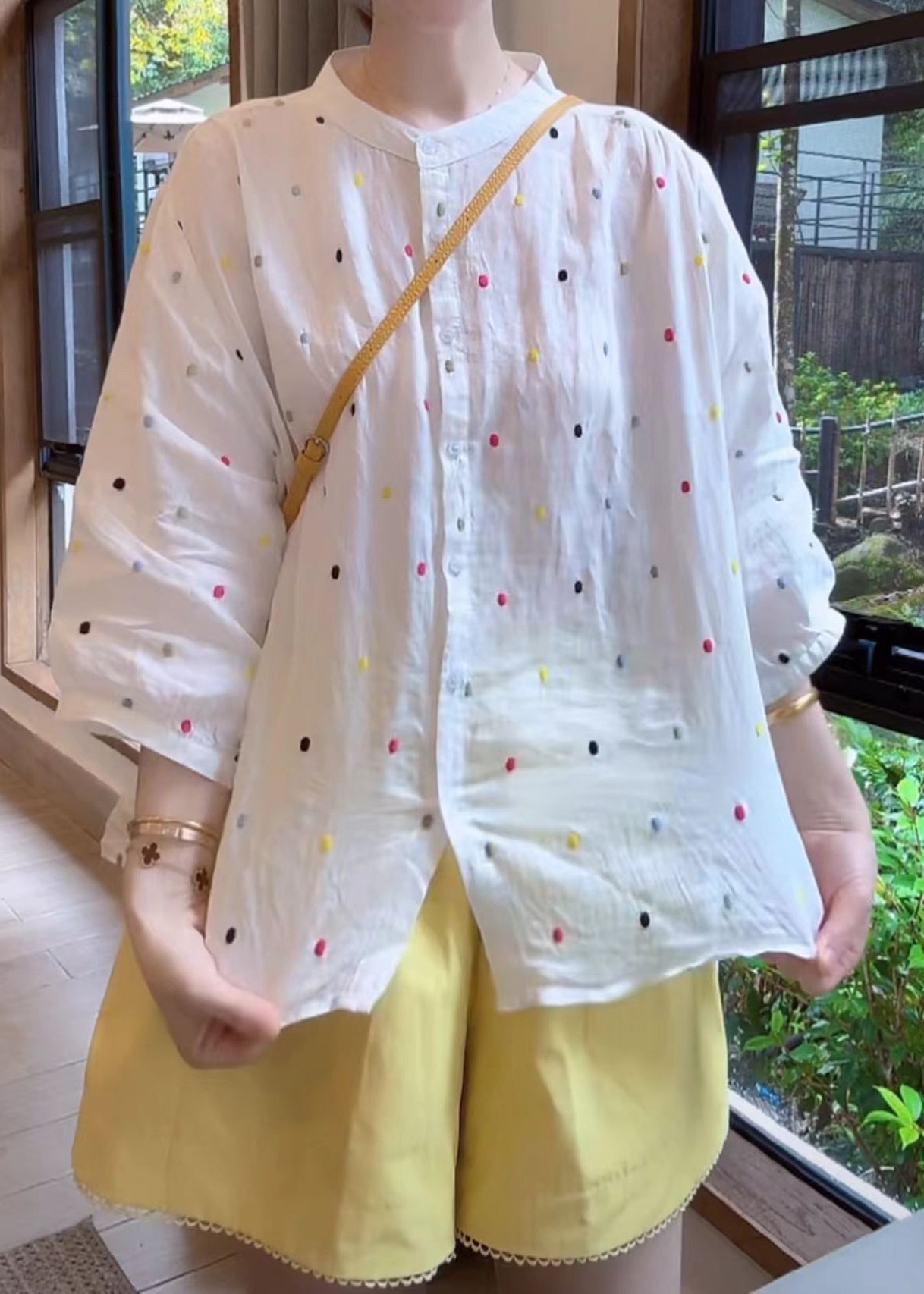 White Stand Collar Print Cotton Shirt Bracelet Sleeve