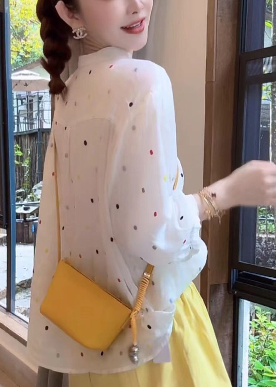 White Stand Collar Print Cotton Shirt Bracelet Sleeve