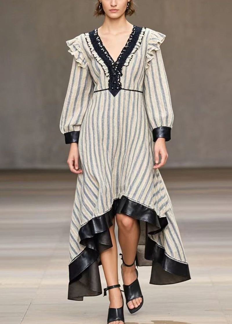 White Striped Patchwork Exra Large Hem Silk Velvet Dresses Spring