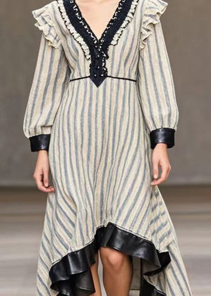 White Striped Patchwork Exra Large Hem Silk Velvet Dresses Spring