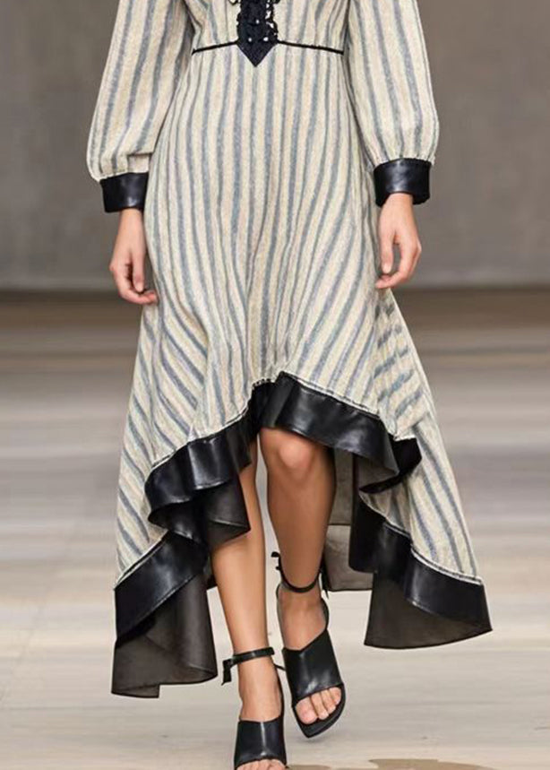 White Striped Patchwork Exra Large Hem Silk Velvet Dresses Spring