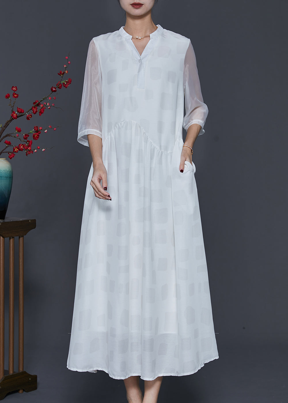 White V Neck Draping Silk Long Dresses Half Sleeve