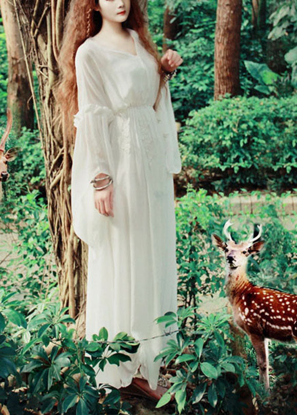 White V Neck Exra Large Hem Silk Cinch Long Dress Flare Sleeve