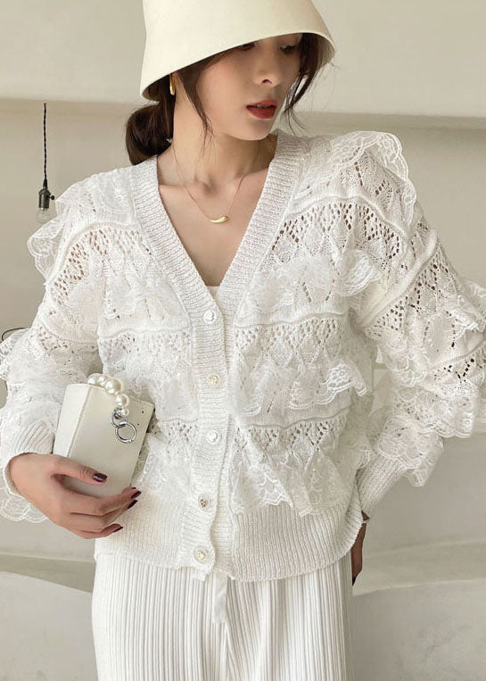 Fashion White V Neck Hollow Out Ruffled Blouses Spring