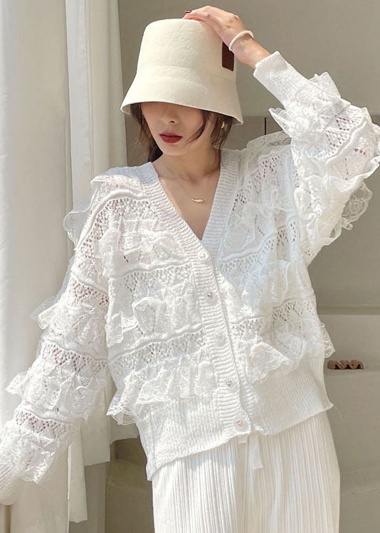 White V Neck Hollow Out Ruffled Blouses Spring