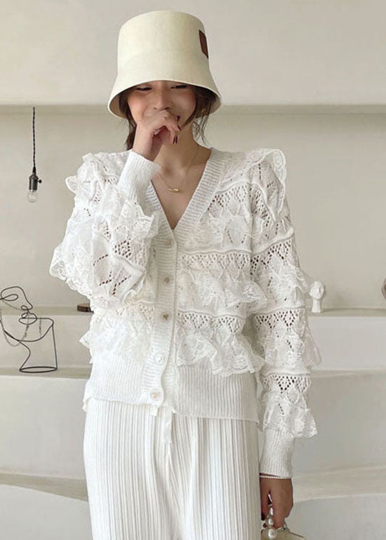 Fashion White V Neck Hollow Out Ruffled Blouses Spring