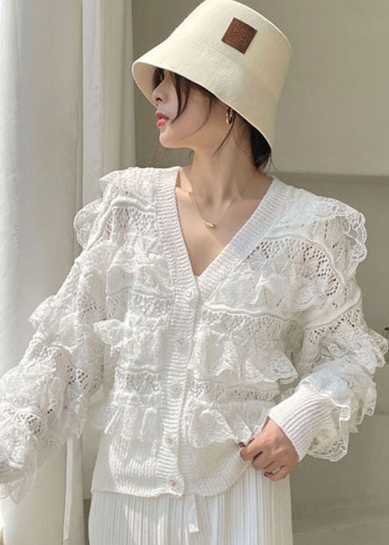Fashion White V Neck Hollow Out Ruffled Blouses Spring