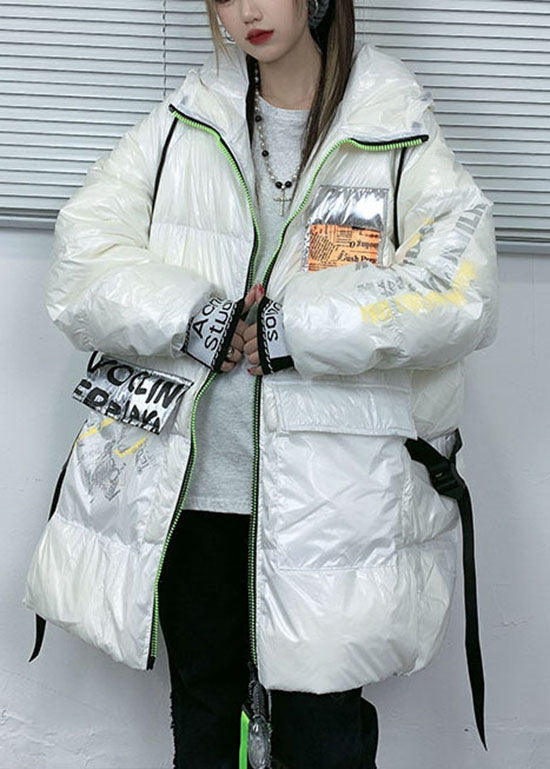 White Zippered Hooded Print Duck Down Coats Winter