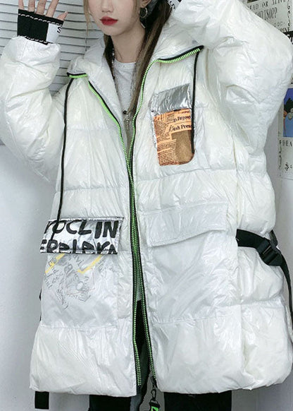 White Zippered Hooded Print Duck Down Coats Winter