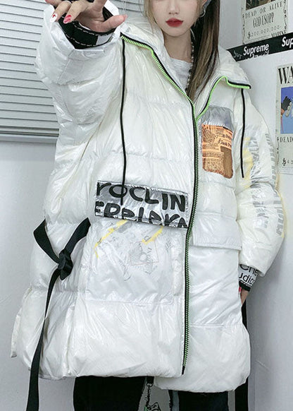 White Zippered Hooded Print Duck Down Coats Winter