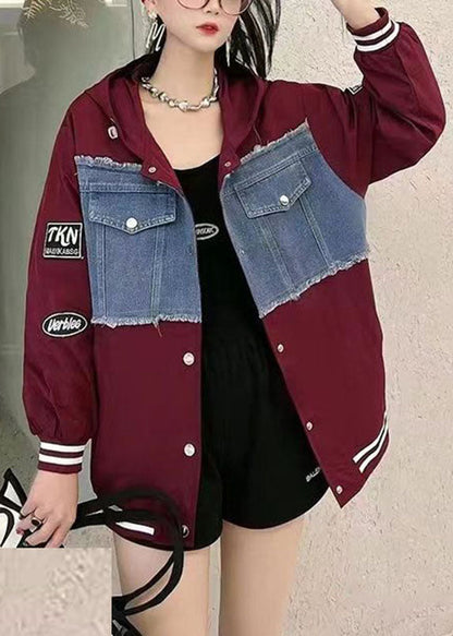 Wine Red Graphic Print Denim Patchwork Button Hooded Jacket Fall