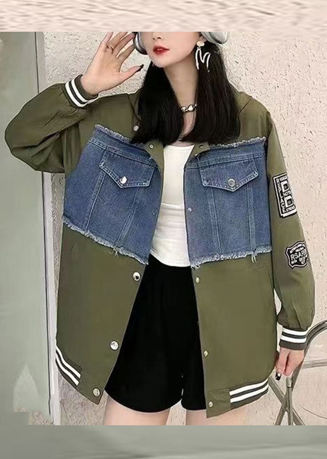 Wine Red Graphic Print Denim Patchwork Button Hooded Jacket Fall