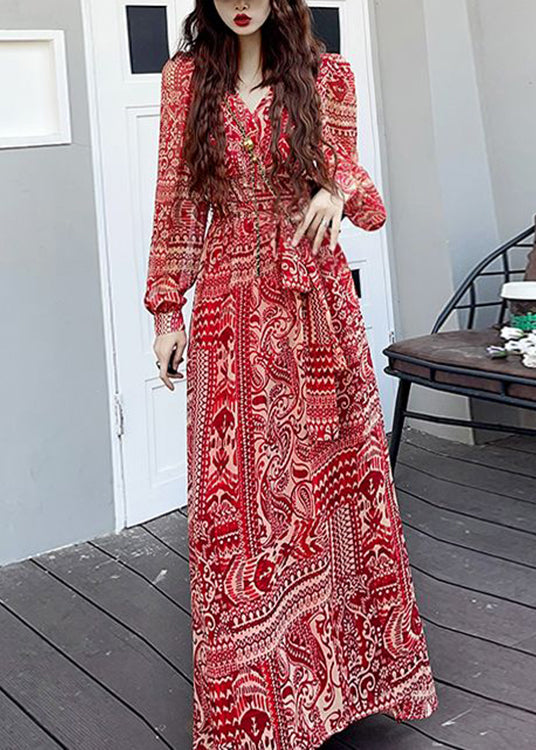 Wine Red V Neck Print Side Open Patchwork Long Dresses Fall