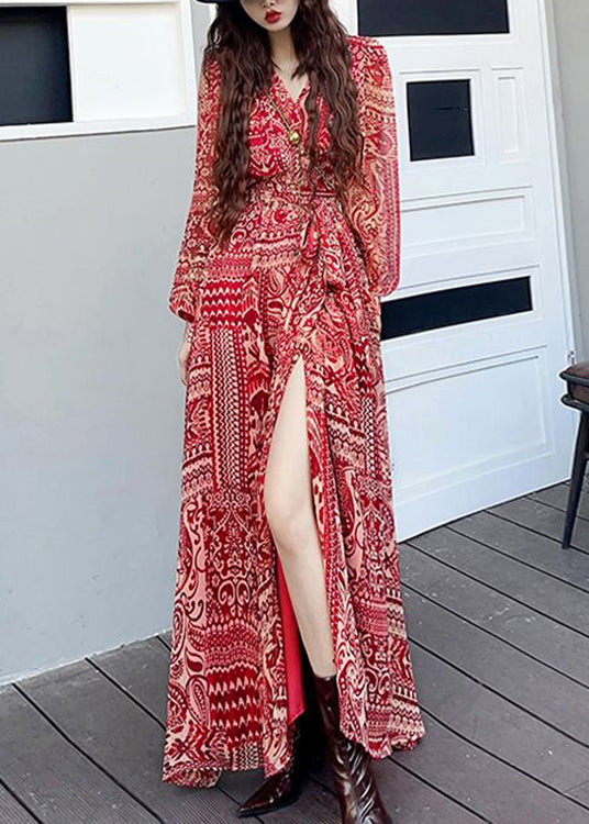 Wine Red V Neck Print Side Open Patchwork Long Dresses Fall