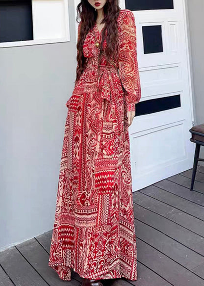 Wine Red V Neck Print Side Open Patchwork Long Dresses Fall