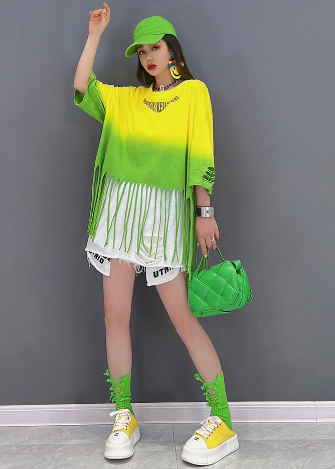 Yellow Blue Gradient Color Hole Patchwork Tassel Cotton Tanks Half Sleeve