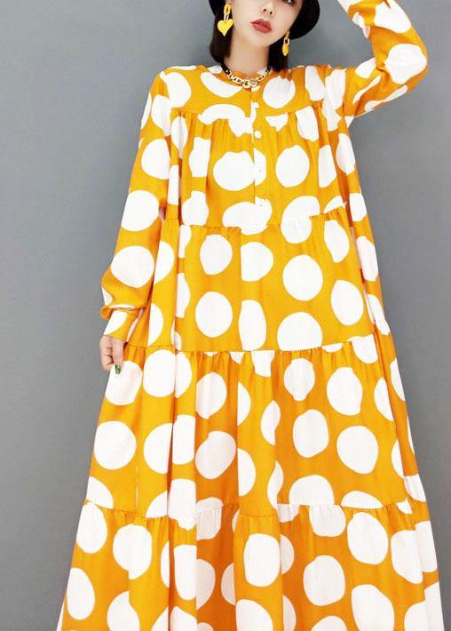 Yellow Button Print Fall Long Sleeve Holiday Dress