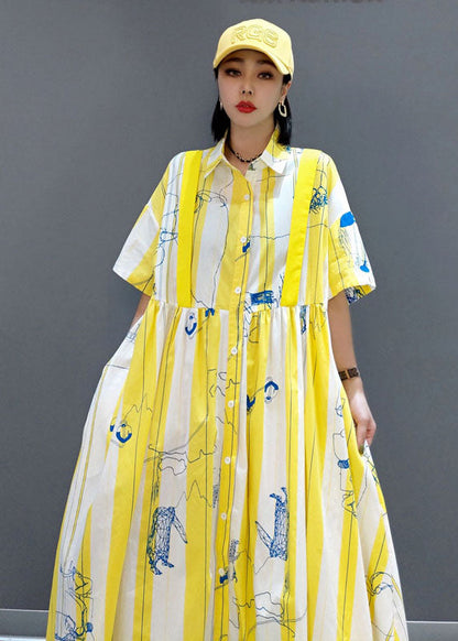 Yellow Cinched Striped Print Shirt Long Dresses Spring