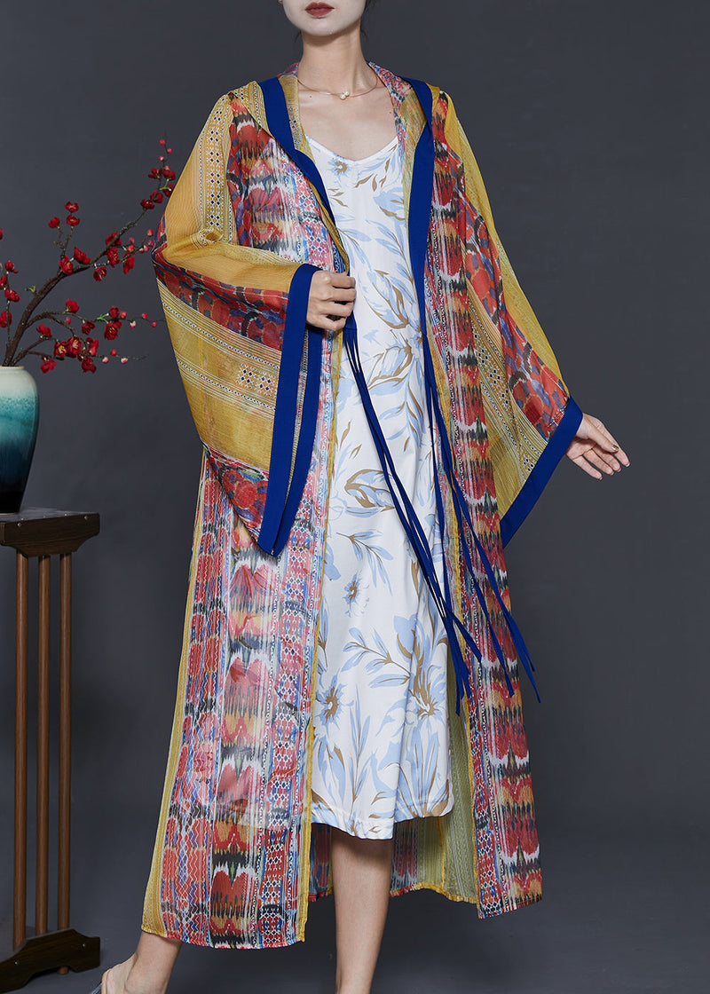 Yellow Hooded Print Chiffon Upf 50+ Cardigan Summer