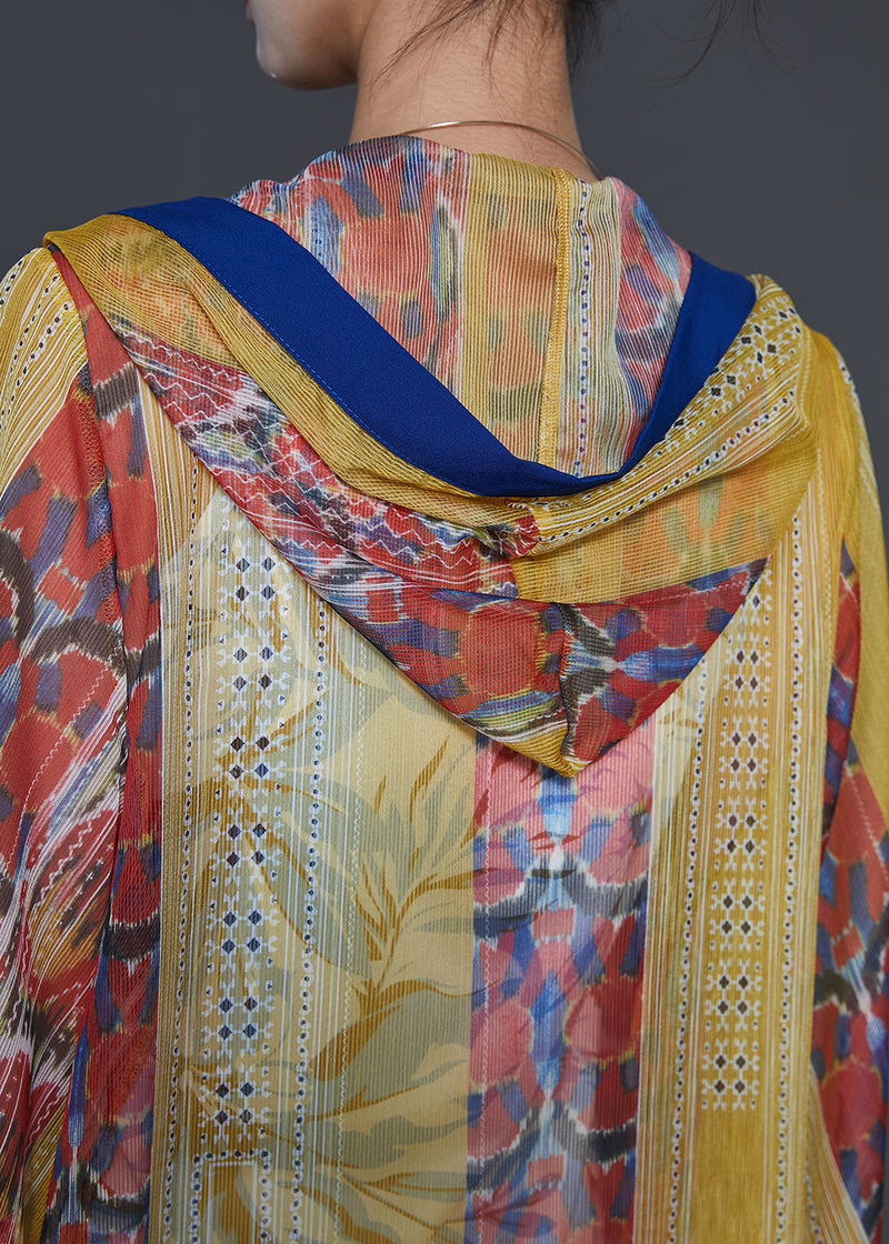 Yellow Hooded Print Chiffon Upf 50+ Cardigan Summer