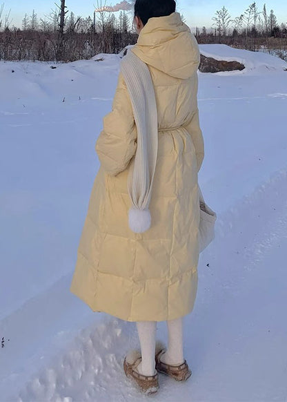 Yellow Hooded Tie Waist Fine Cotton Filled Puffers Jackets Winter