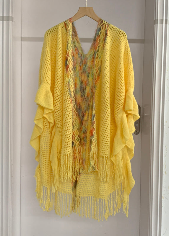 Yellow Low High Design Tassel Knit Shawl Batwing Sleeve