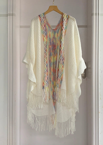 Yellow Low High Design Tassel Knit Shawl Batwing Sleeve