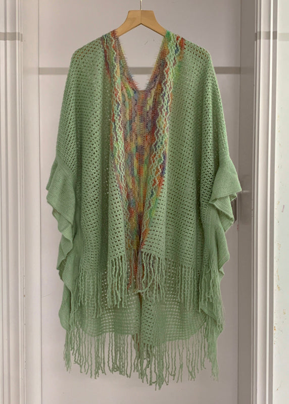 Yellow Low High Design Tassel Knit Shawl Batwing Sleeve