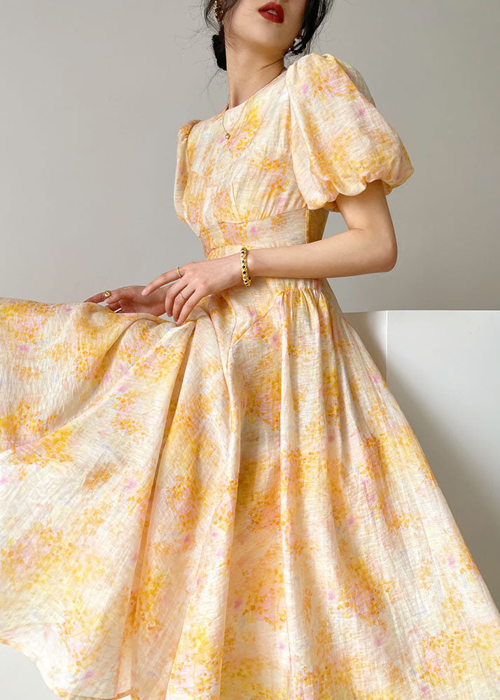 Yellow O-neck Print Slim Fit Silk Holiday Dresses Lantern Sleeve