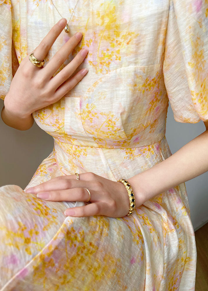 Yellow O-neck Print Slim Fit Silk Holiday Dresses Lantern Sleeve